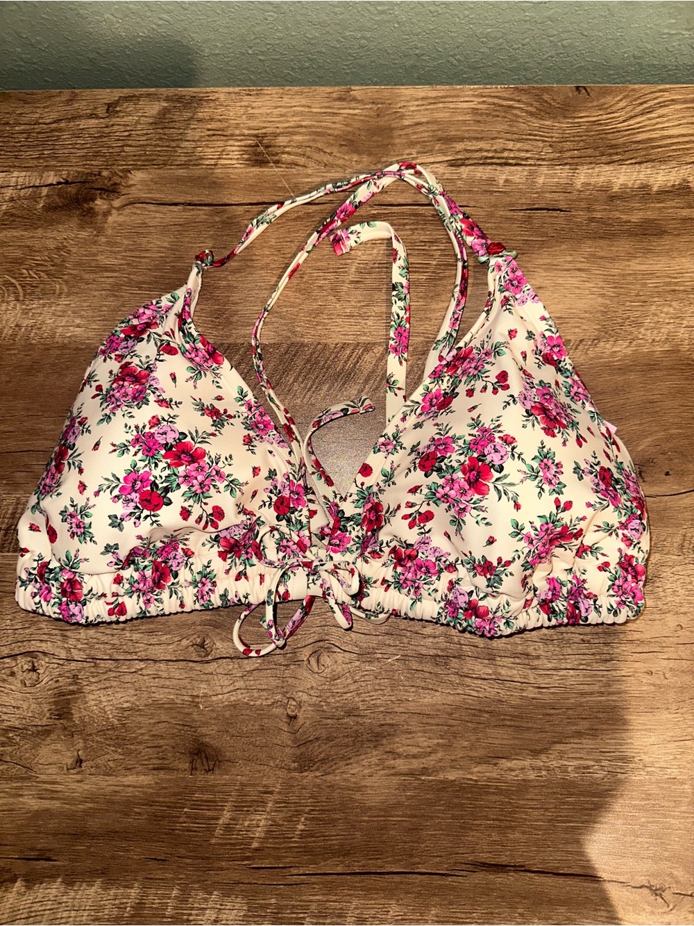 Wild Fable women’s Floral Tie-Front Triangle Bikini Top -Cream with Pink Flowers